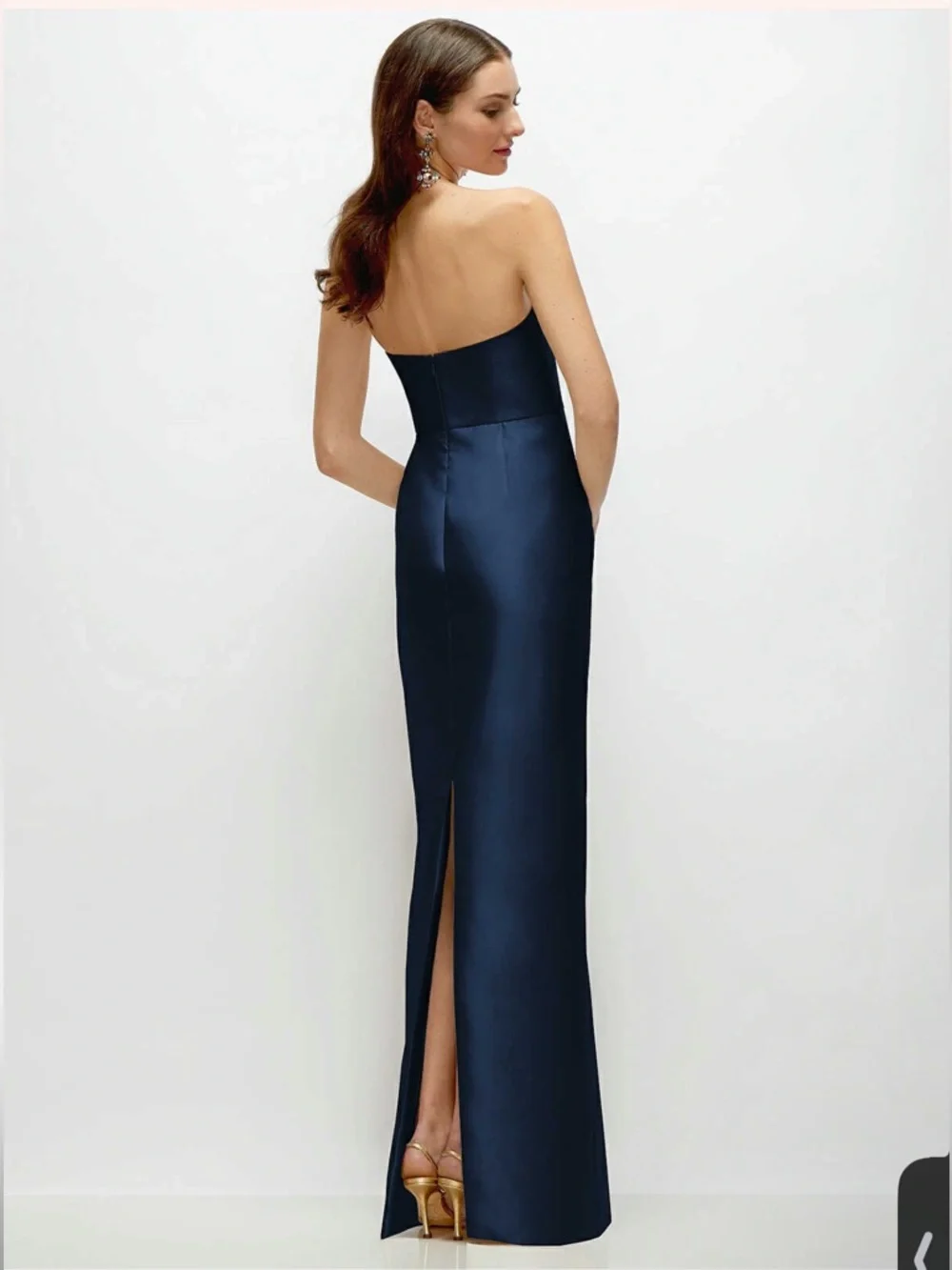 ALFRED SUNG strapless satin column dress with back slit in midnight navy - Picture 2 of 6
